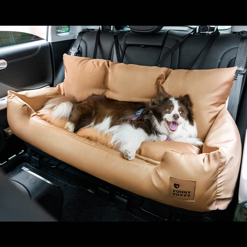 Brown dog car seat bed.
